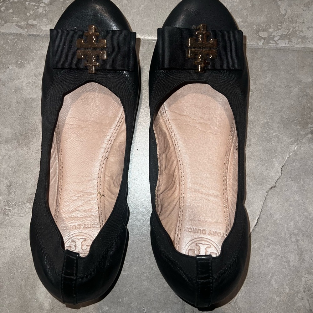 Tory Burch Black Leather Flats with Gold Logo